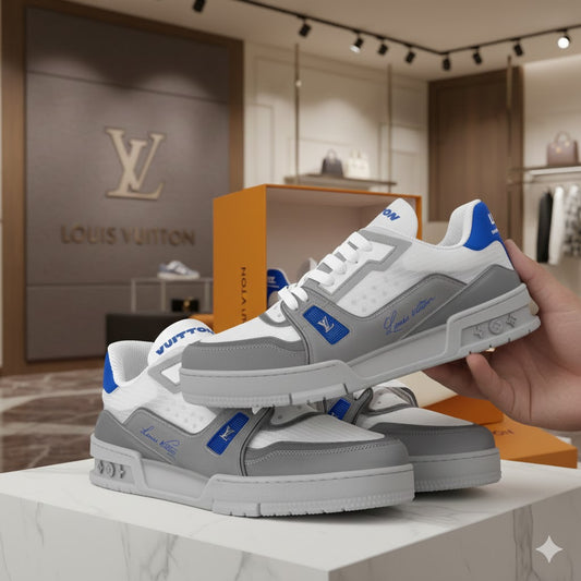 LOUIS VUITTON || Trainer Sneaker in White and Graphite Mesh with Blue Accents - FASHION MYST