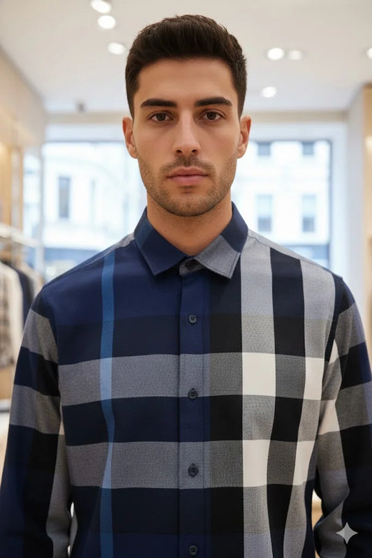 BURBERRY || Blue & Navy Oversized Check Cotton Poplin Shirt