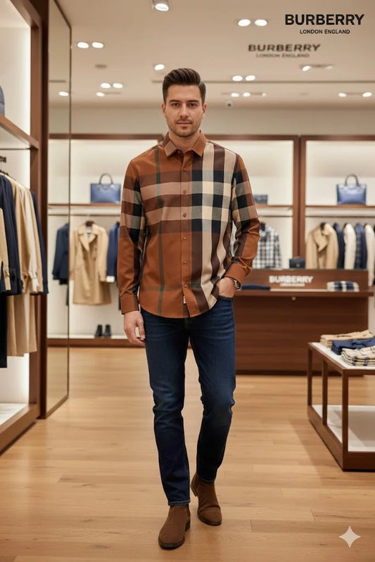 BURBERRY || Men’s Oversized Check Cotton Poplin Shirt – Deep Birch Brown