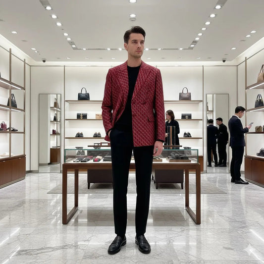 GUCCI || Men’s Red & Black GG Supreme Monogram Blazer Jacket- FASHION MYST