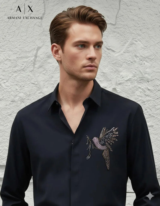 ARM*NI EXCH*NGE || A|X Crystal-Embellished Bird Motif Button-Down Shirt- FASHION MYST