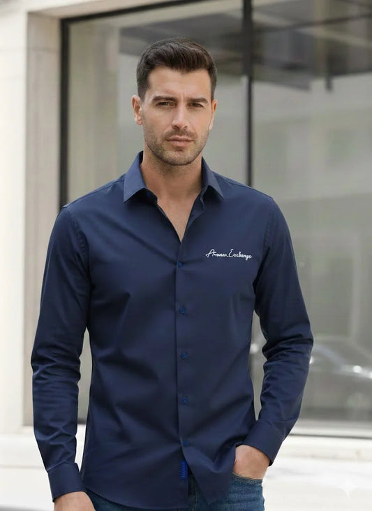 ARM*NI EXCH*NGE || Men's Slim-Fit Script Logo Button-Down Shirt- FASHION MYST