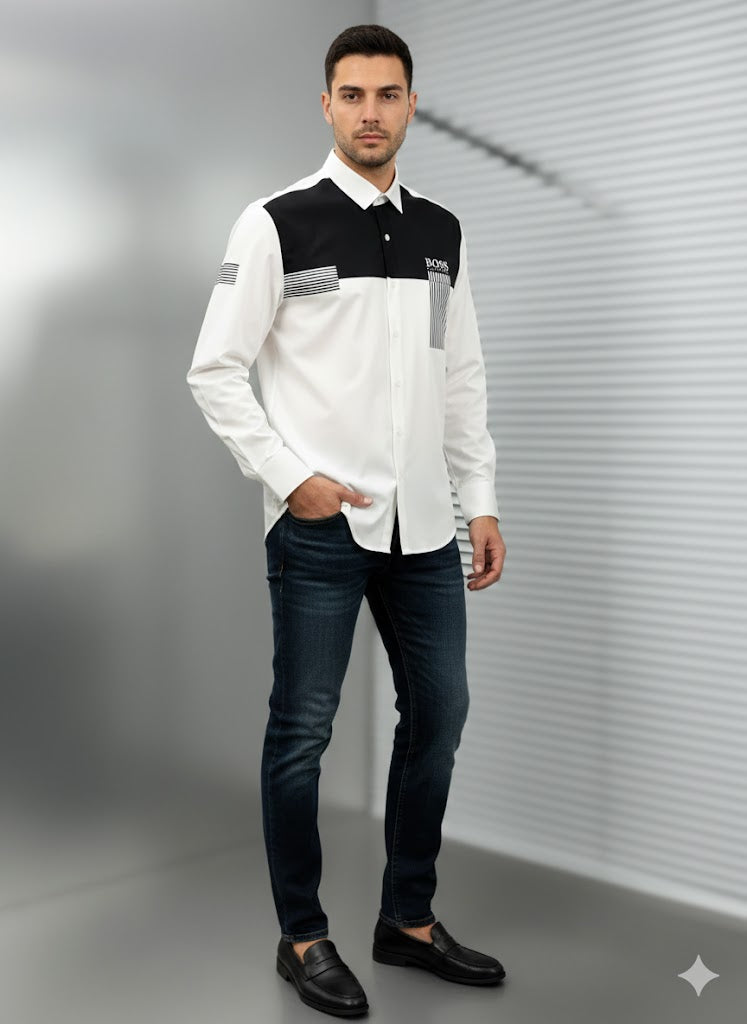 HUGO BOSS || Men's Slim-Fit Colorblock Shirt - White & Black with Logo Print