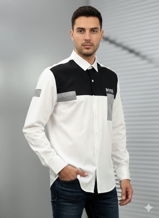 HUGO BOSS || Men's Slim-Fit Colorblock Shirt - White & Black with Logo Print- FASHION MYST