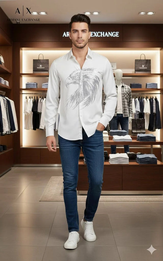 ARM*NI EXCH*NGE || Men's Long-Sleeve Shirt with Metallic Silver Eagle Graphic- FASHION MYST