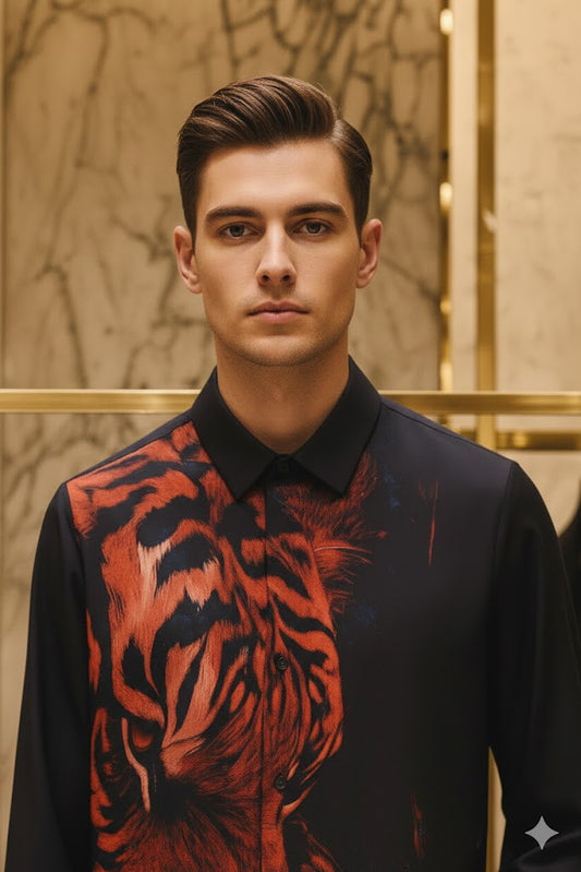 GUCCI || Men’s Black Silk Shirt with Oversized Crimson Tiger Print- FASHION MYST