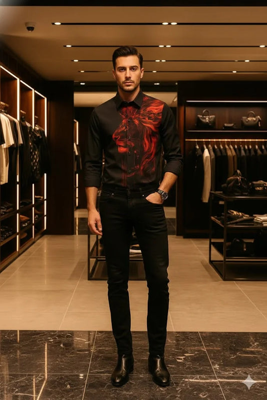 BALMAIN || Men’s Slim-Fit Black Poplin Shirt with Red Lion Motif Print
