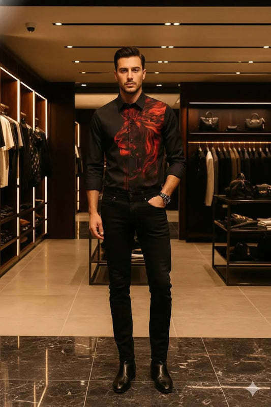 BALMAIN || Men’s Slim-Fit Black Poplin Shirt with Red Lion Motif Print- FASHION MYST