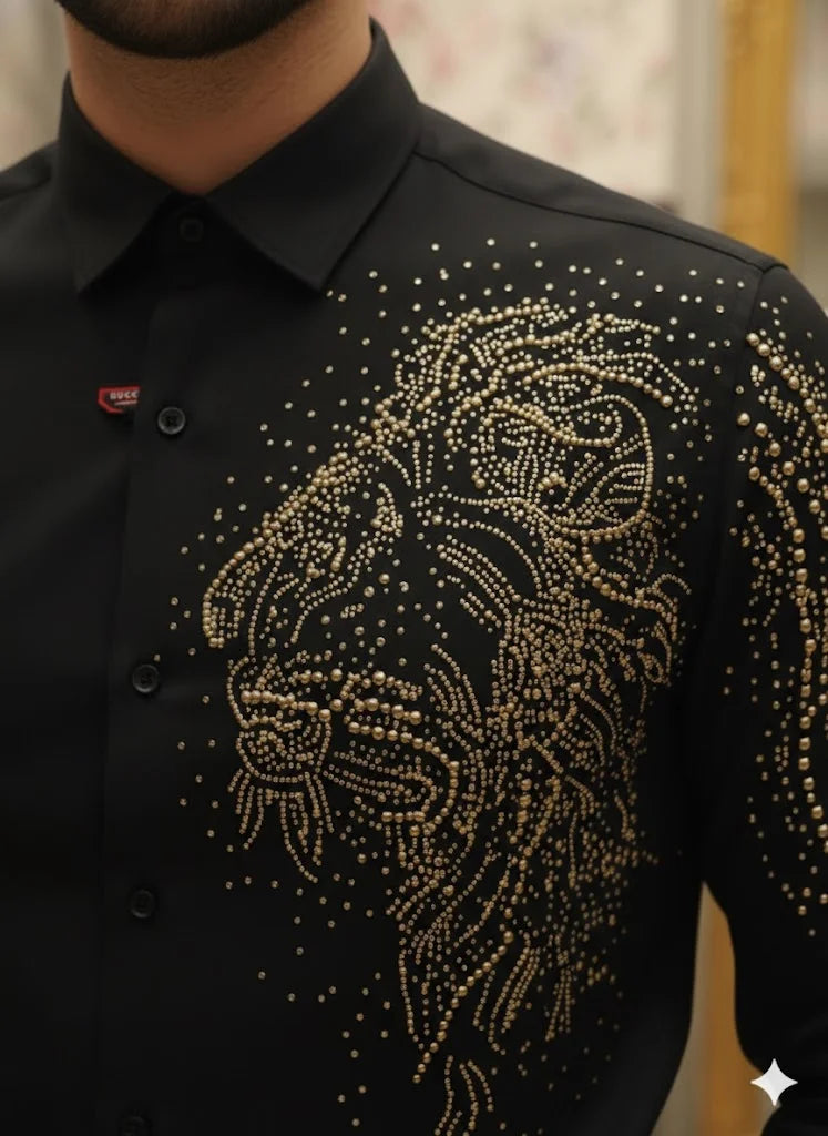 Gucci Men's Lion Head Crystal-Embellished Cotton Shirt
