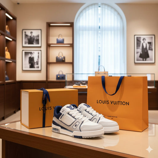 LOUIS VUITTON || LV Trainer Sneaker – White and Marine Blue Calf Leather- FASHION MYST