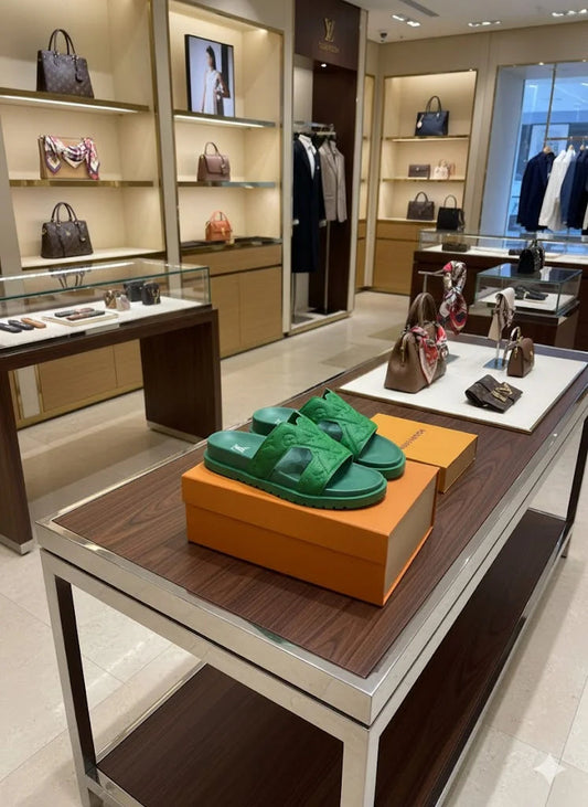LOUIS VUITTON || Monogram Embossed Green Leather Waterfront Mules- FASHION MYST