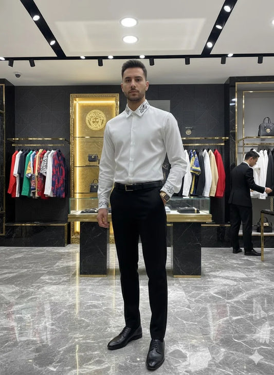 VERSACE || Embroidered Barocco Collar & Cuff Button-Down Shirt – Luxury Slim Fit Cotton Dress Shirt