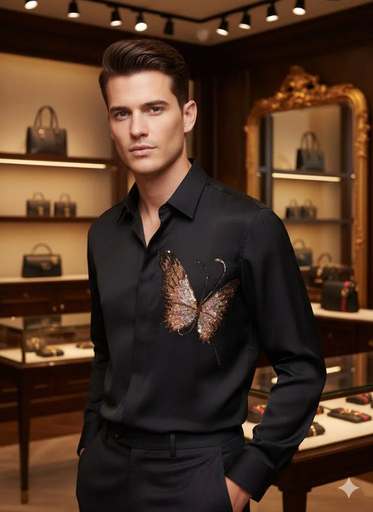 GUCCI || Men's Embroidered Butterfly Silk-Cotton Shirt – Limited Edition Crystal Embellished Button-Down FASHION MYST