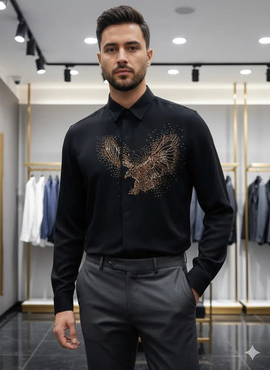 ARM*NI EXCH*NGE || Men's Studded Eagle Slim-Fit Button-Down Shirt – Available in Black & White FASHION MYST