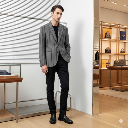 LOUIS VUITTON || Embroidered Monogram Pinstripe Blazer – Grey Wool Blend Tailored Jacket FASHION MYST