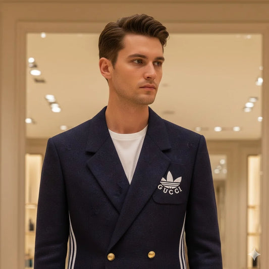 Adidas x Gucci || Double-Breasted Mohair Wool Blazer in Navy Blue/Cream