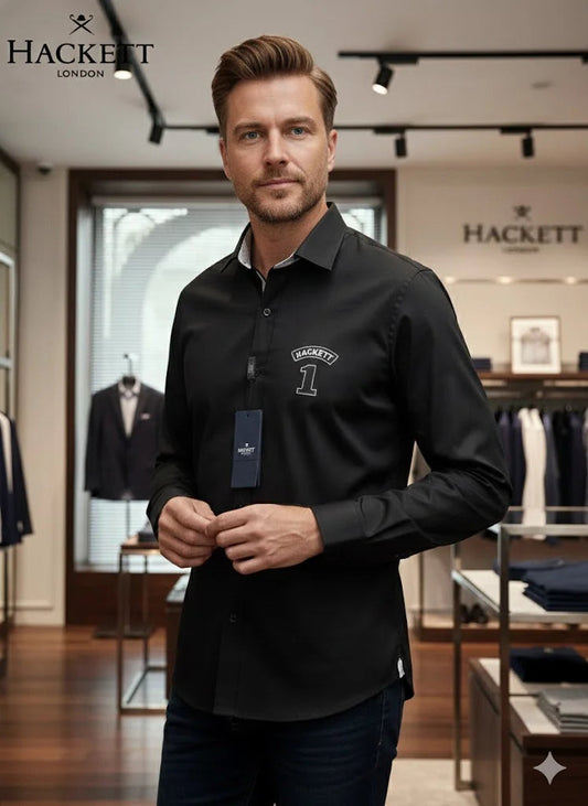 HACKETT LONDON || Men's Number 1 Patch Slim-Fit Cotton Shirt – White & Black FASHION MYST
