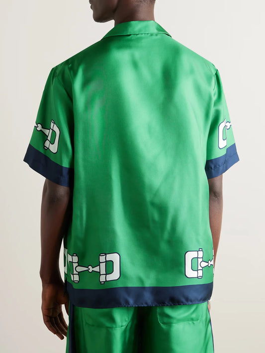 GUCCI || Men's Green/Cream Camp-Collar Printed Silk-Satin Shirt- FASHION MYST