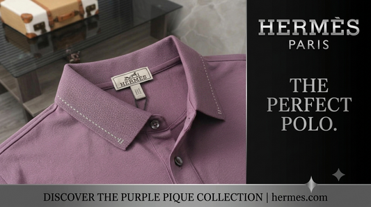A luxury fashion brand web banner in a 16:9 aspect ratio featuring a close-up view of a premium dusty purple piqué polo shirt on the left side, showcasing its stitched collar details, buttons, and inner neck label.