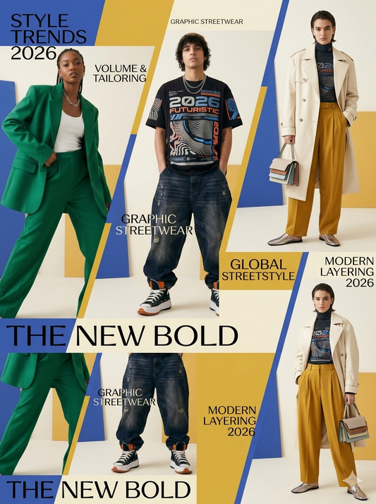 Models showcasing 2026 fashion trends with oversized emerald blazer and graphic streetwear outfit