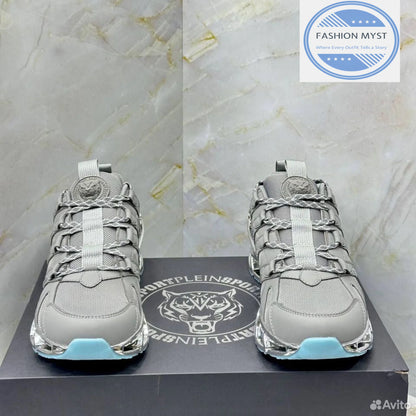 PHILIPP PLEIN || Sport Men's "Tiger Luxe" Grey Mesh Sneakers with Chrome Sculpted Sole - FASHION MYST