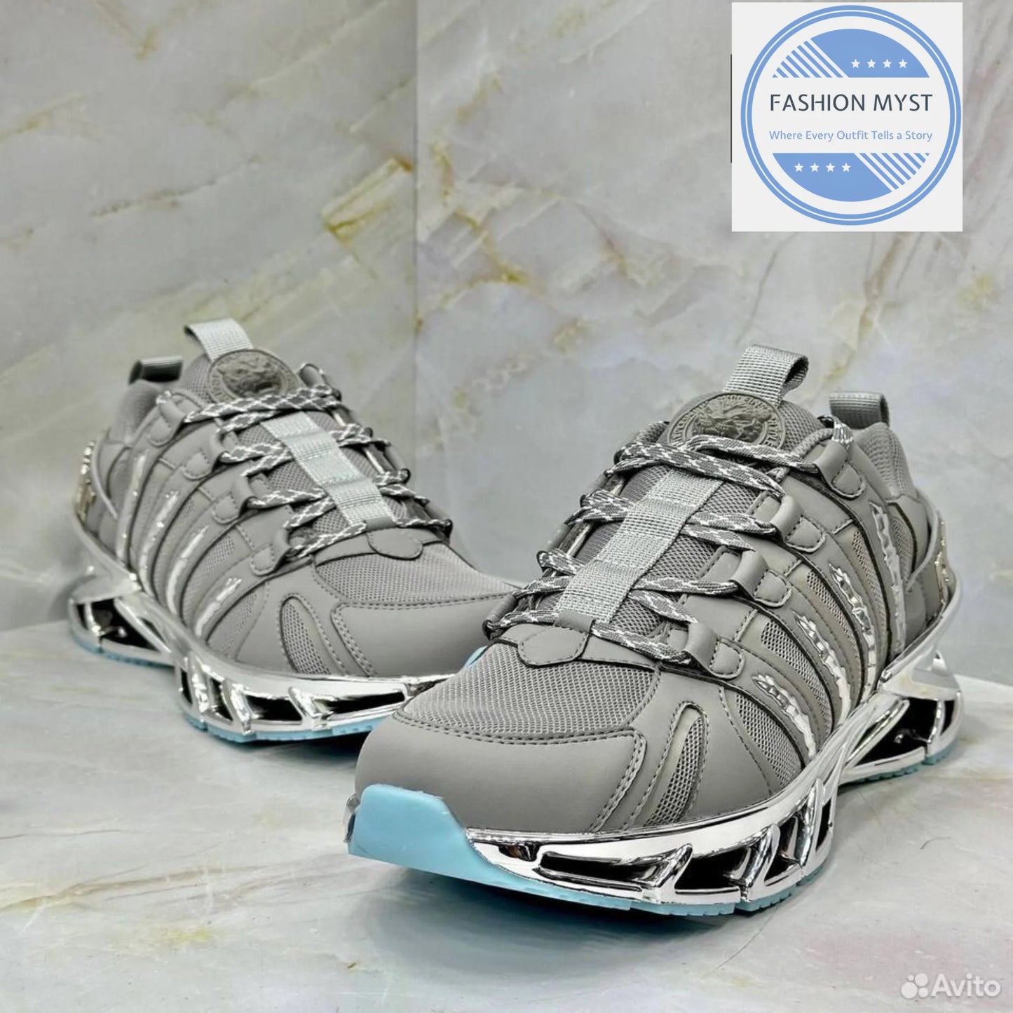 PHILIPP PLEIN || Sport Men's "Tiger Luxe" Grey Mesh Sneakers with Chrome Sculpted Sole - FASHION MYST