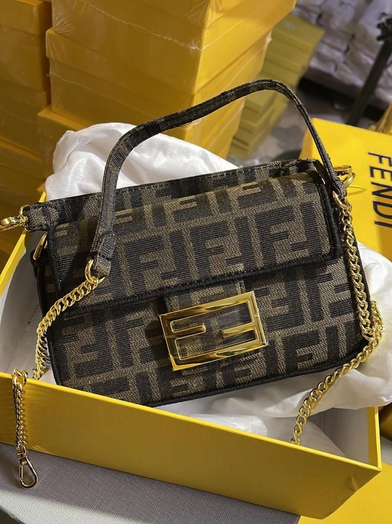 FENDI || Baguette Chain Midi FF Jacquard Fabric Bag For Ladies - FASHION MYST 