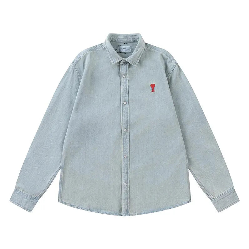AMI PARIS || Denim Red Heart Logo Patch Shirts – Light