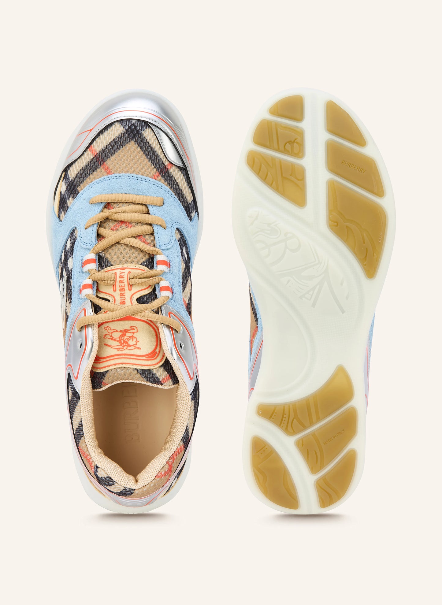 BURBERRY || Vintage Check & Leather Sneakers - Light Blue/Silver/Archive Beige