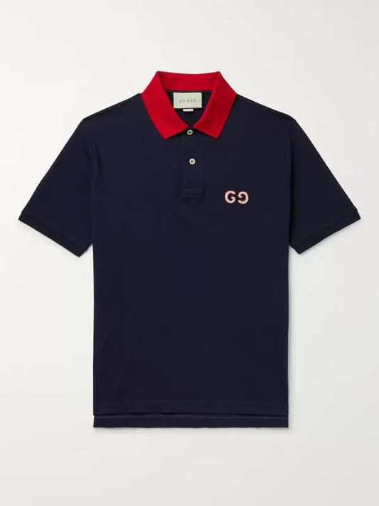 GUCCI || Logo-Embroidered Stretch-Cotton Piqué Polo T-Shirt - Blue.