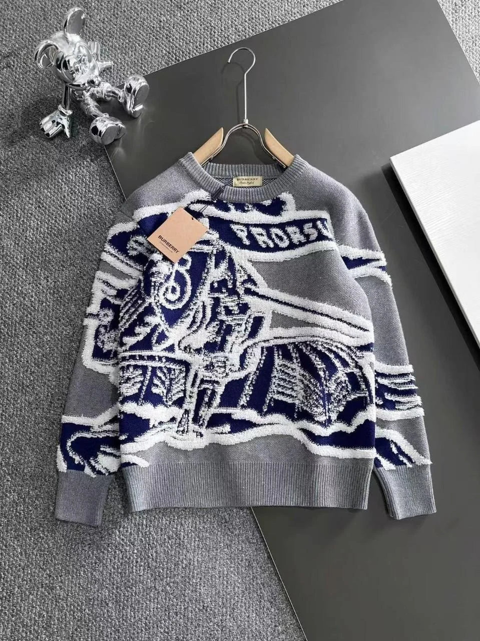 BURBERRY || Big Go Intarsia Jacquard Grey Sweater Knit