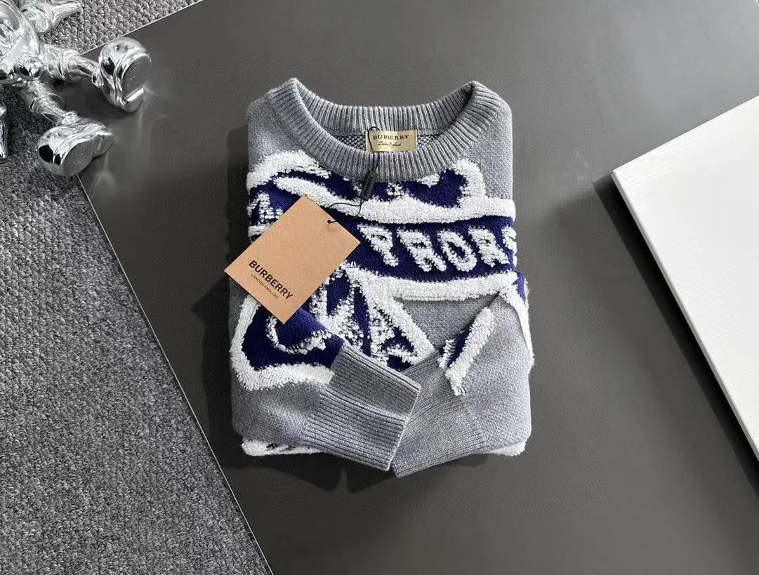 BURBERRY || Big Go Intarsia Jacquard Grey Sweater Knit