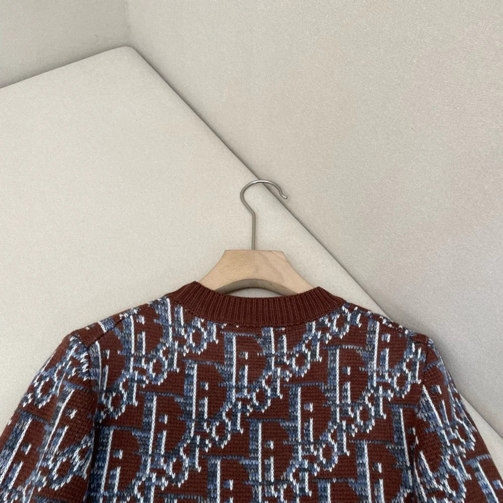 CHRISTIAN DIOR || Men Dior Round Neck Shearing Wool Jacquard Brown Sweater