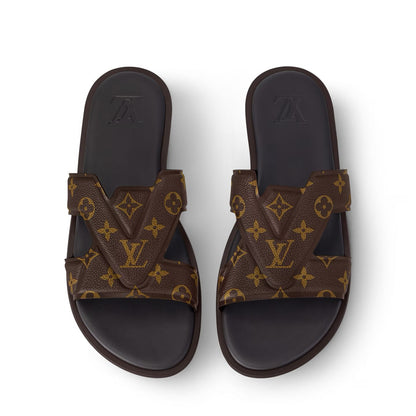 LOUIS VUITTON || Waterfront Mule – Brown Monogram Grained Leather Sandals