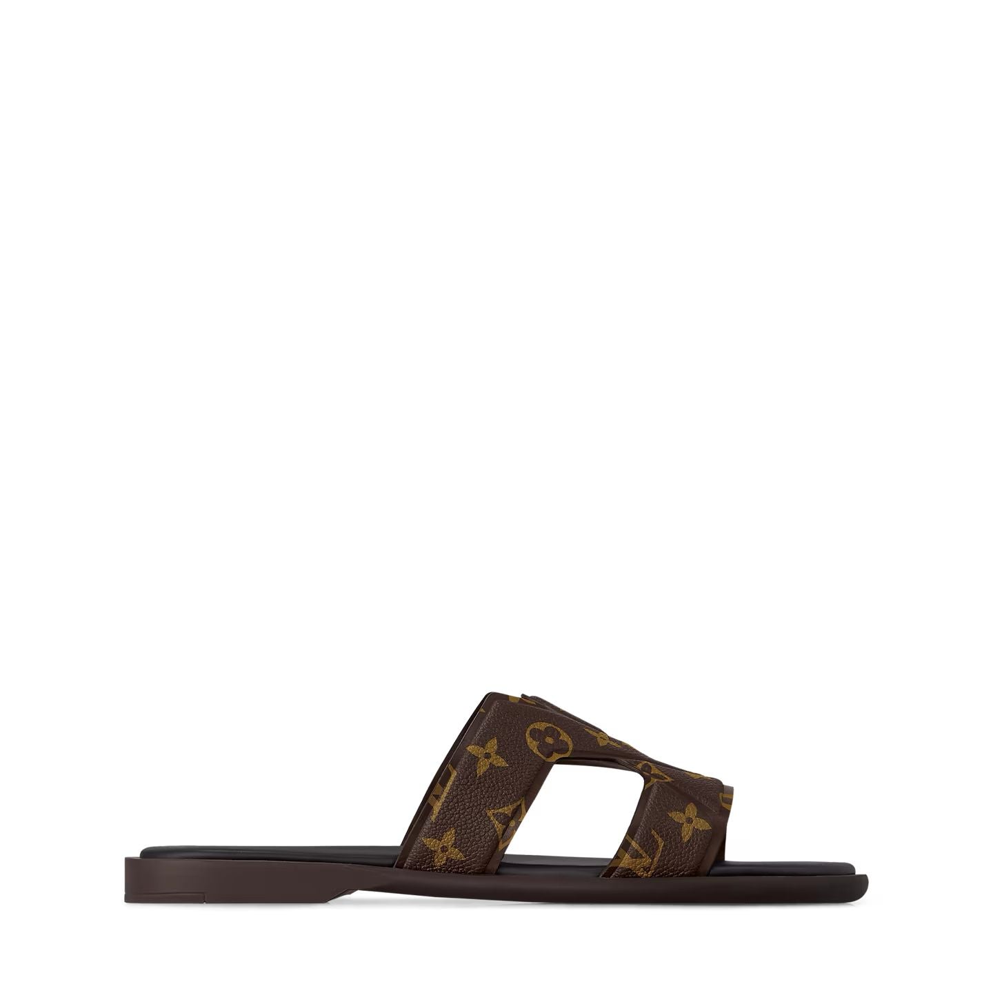 LOUIS VUITTON || Waterfront Mule – Brown Monogram Grained Leather Sandals
