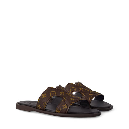 LOUIS VUITTON || Waterfront Mule – Brown Monogram Grained Leather Sandals