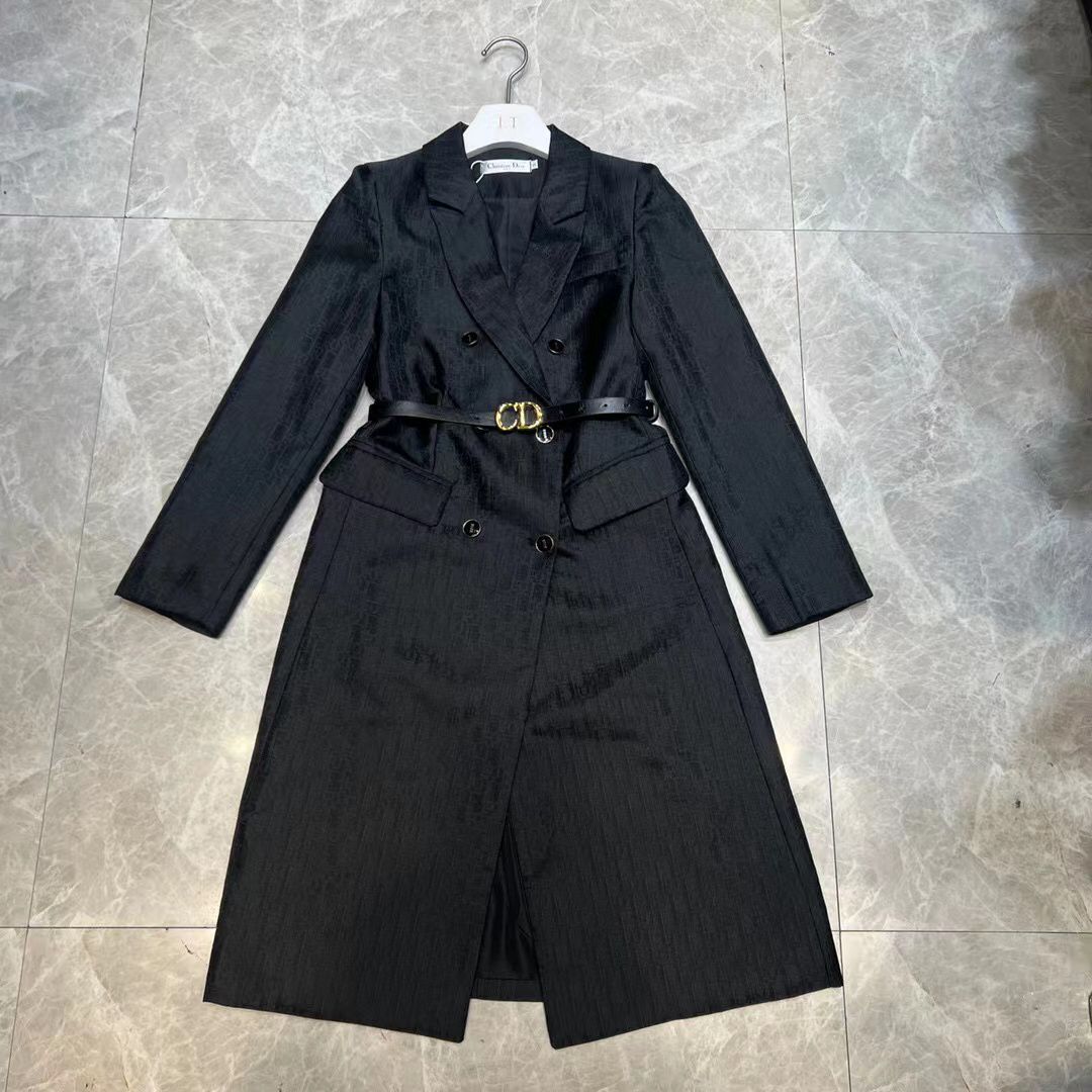 CHRISTIAN DIOR Black Jacquard Cotton Blend Belted Trench Coat