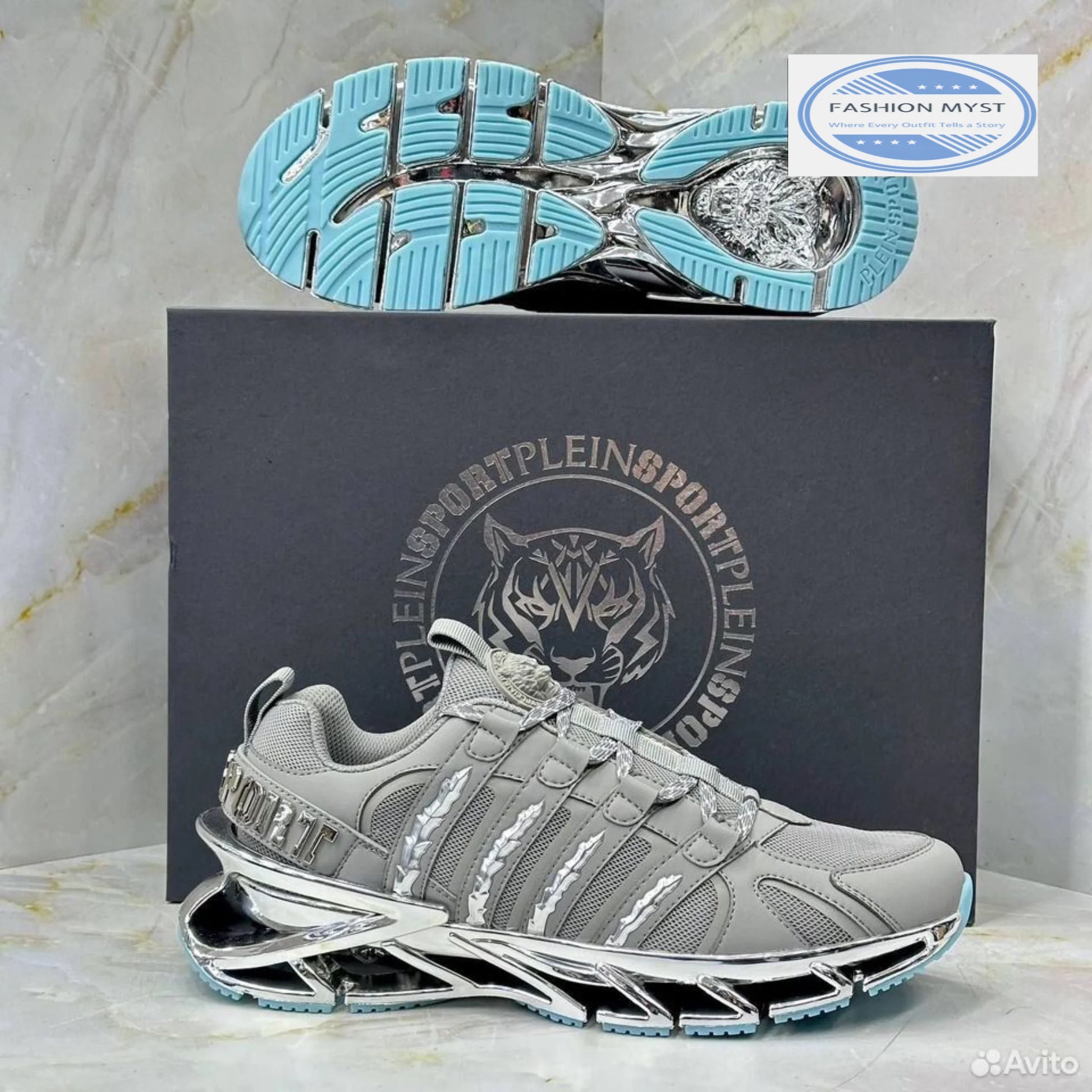 PHILIPP PLEIN || Sport Men's "Tiger Luxe" Grey Mesh Sneakers with Chrome Sculpted Sole - FASHION MYST