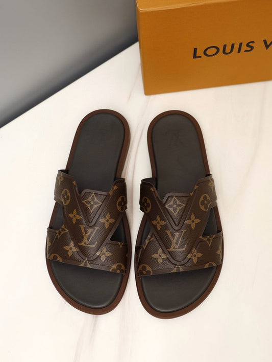 LOUIS VUITTON || Waterfront Mule – Brown Monogram Grained Leather Sandals