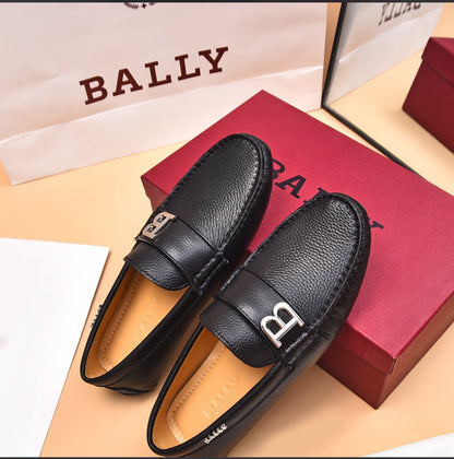BALLY || Black Leather Loafers With Signature “B” Logo- FASHION MYST