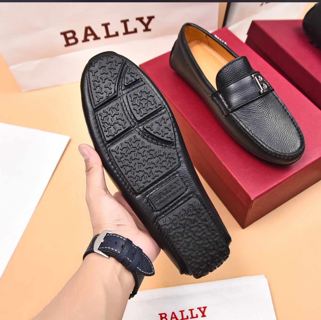 BALLY || Black Leather Loafers With Signature “B” Logo- FASHION MYST