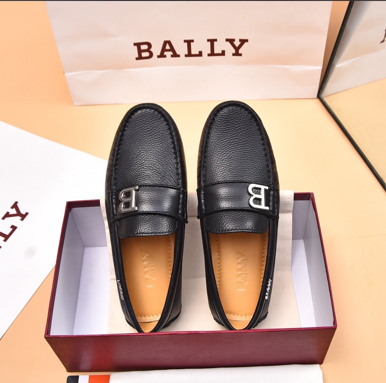 BALLY || Black Leather Loafers With Signature “B” Logo- FASHION MYST