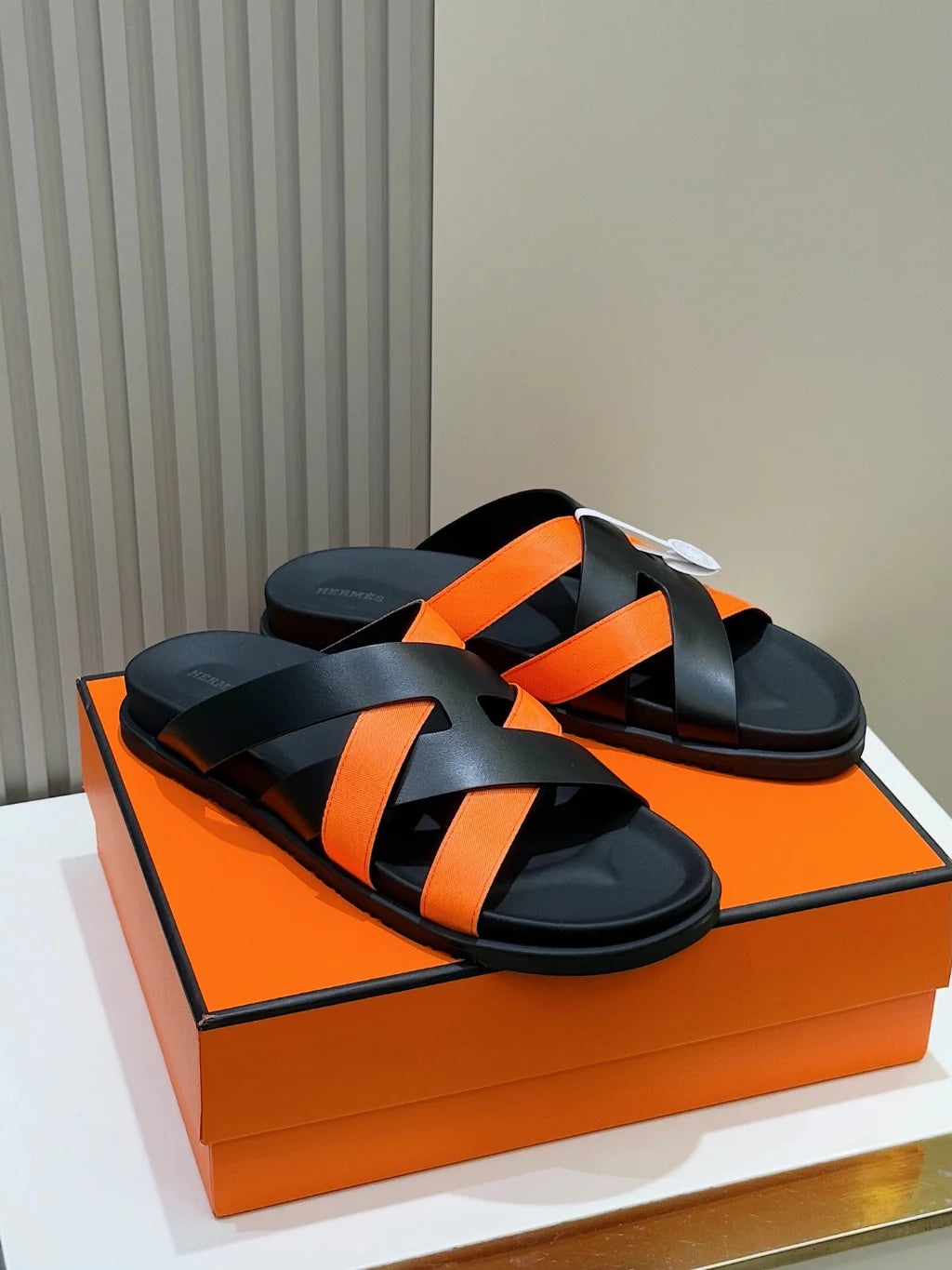 HERMES || Black and Orange Cross-Strap Sandals- FASHION MYST