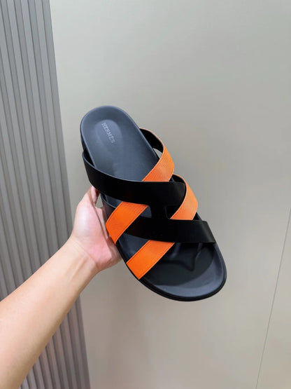 HERMES || Black and Orange Cross-Strap Sandals- FASHION MYST