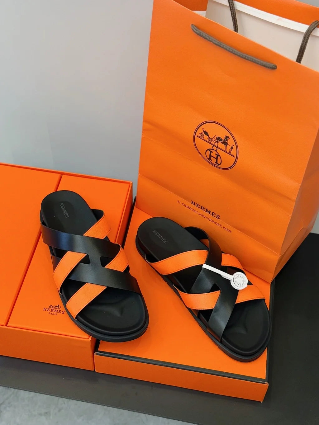 HERMES || Black and Orange Cross-Strap Sandals- FASHION MYST