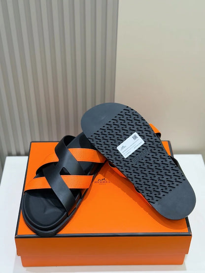 HERMES || Black and Orange Cross-Strap Sandals- FASHION MYST