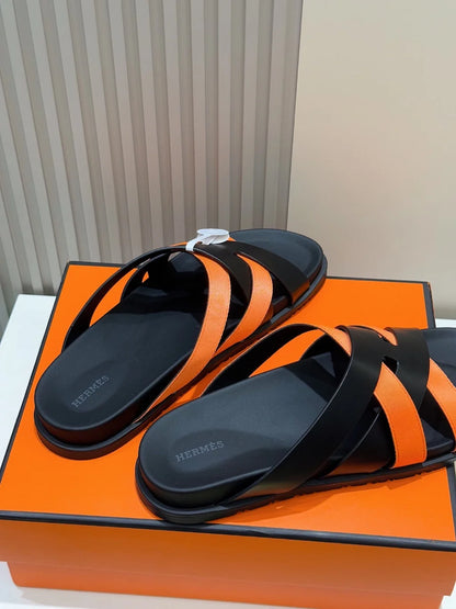 HERMES || Black and Orange Cross-Strap Sandals- FASHION MYST