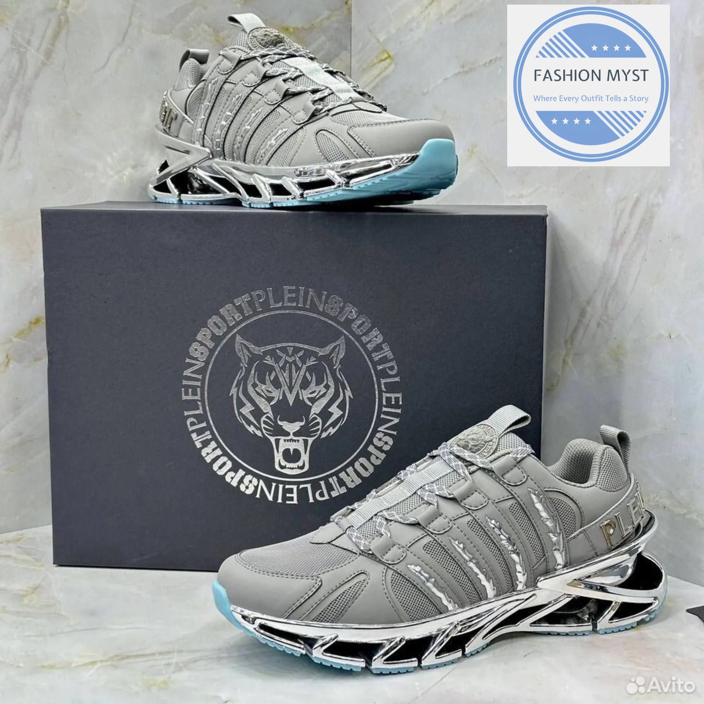 PHILIPP PLEIN || Sport Men's "Tiger Luxe" Grey Mesh Sneakers with Chrome Sculpted Sole - FASHION MYST