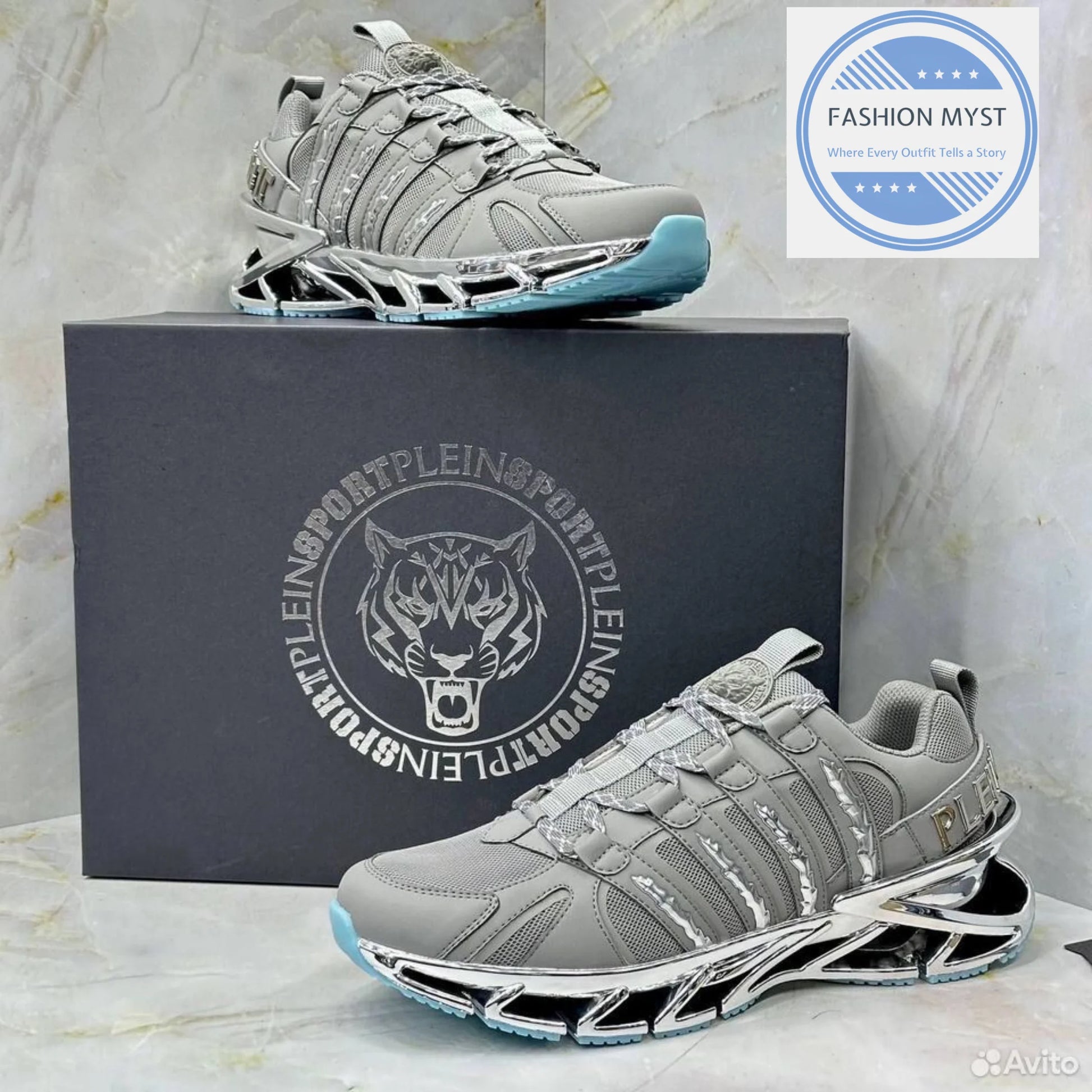 PHILIPP PLEIN || Sport Men's "Tiger Luxe" Grey Mesh Sneakers with Chrome Sculpted Sole - FASHION MYST