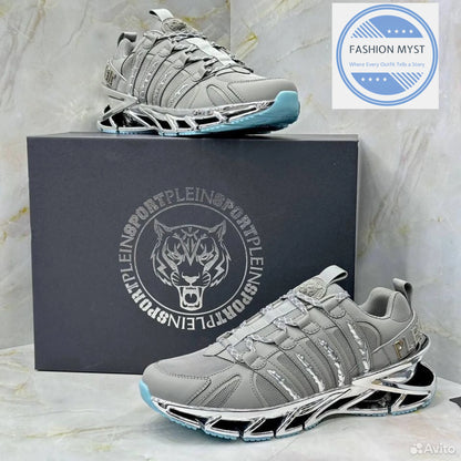 PHILIPP PLEIN || Sport Men's "Tiger Luxe" Grey Mesh Sneakers with Chrome Sculpted Sole - FASHION MYST